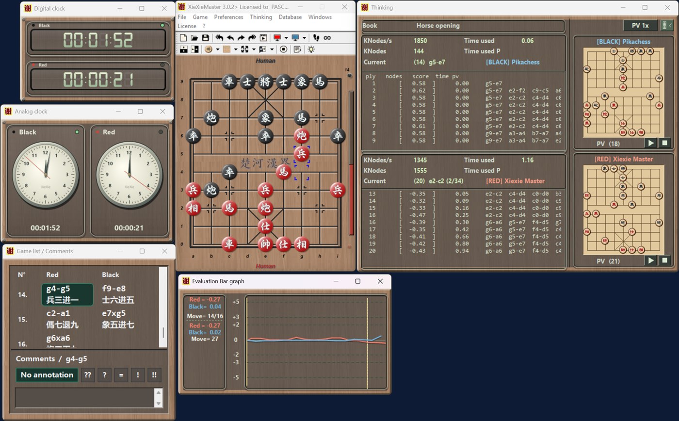 XieXieMaster 3.0 workspace: board, Thinking, clocks, Evaluation Bar graph and game list windows